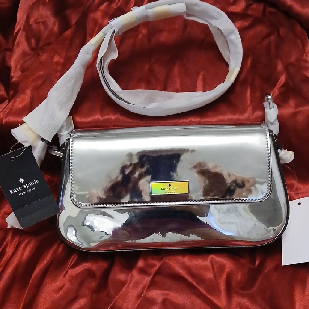NWT Kate Spade Bridget Mirror Silver Metallic Small Flap Shoulder Bag